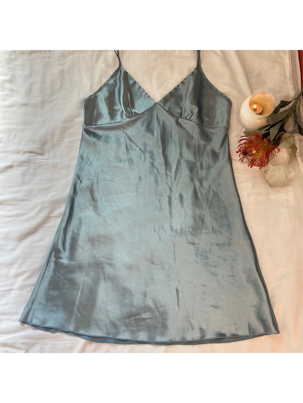 Y2k 90s Slip Dress Light Blue Satin Coquette Fairy Whimsy Feminine Romantic Boho - Picture 2 of 7